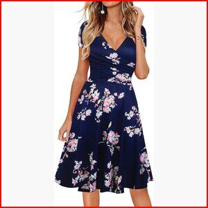 V-Neck Cap Sleeve Floral Fit & Flare Dress, Knee-Length, Zipper Back